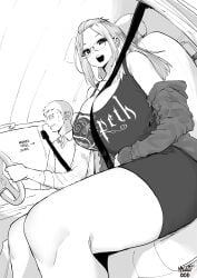 1boy 1girl absurdres artist_name bangs_pinned_back between_breasts breasts car_interior curvy dress feet_out_of_frame folded_hair glasses greyscale group_name hair_pulled_back highres huge_breasts inne_sulistya_robin long_sleeves looking_at_viewer merchandise monochrome norman_maggot off-shoulder_jacket off_shoulder open_mouth opeth_(band) original rimless_eyewear seatbelt short_dress short_sleeves sitting sleeveless sleeveless_dress smile strap_between_breasts sweatdrop