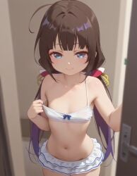 ai_generated bare_legs bare_shoulders blue_eyes brown_hair crop_top flat_chest focus_on_chest heavenly_body hinatsuru_ai microskirt offering_breasts petite_female seductive_smile sexy sexy_female slim_female slim_waist slutty_body slutty_female small_breasts temptation tempting_viewer