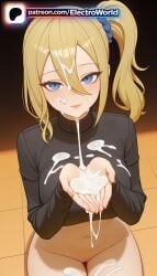 1girl 1girls 2026 ai_generated artist_name blonde_hair blue_eyes blue_scrunchie blush boobs breasts bukkake bust chest cum cum_on_body cum_on_breasts cum_on_clothes cum_on_hair cum_on_hands ejaculation electroworld facial hair_between_eyes hair_ornament hair_scrunchie hayasaka_ai hi_res high_quality high_resolution highres kaguya-sama_wa_kokurasetai_~tensai-tachi_no_renai_zunousen~ mole patreon patreon_username scrunchie side_ponytail solo stable_diffusion sweater tile_floor tiles tits watermark