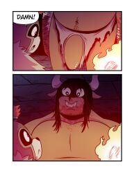 2_horns anthro antigonus_(t0l0k) armor belly_hair big_penis black_hair blood blood_on_arm blood_on_chest blood_on_face bodily_fluids body_hair bottomwear bovid bovine canid canine canis clothing comic dialogue duo ear_piercing english_text european_mythology eye_contact frown fur genitals gladiator_helmet greek_mythology grey_body grey_fur hair happy_trail headgear helmet hi_res horn humanoid_genitalia humanoid_penis ineffective_clothing loincloth long_hair looking_at_another looking_at_genitalia looking_at_penis male male/male mammal minotaur muscular mythology navel pecs penis piercing surprised t0l0k text torch wolf