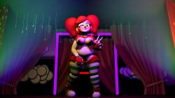 1girl 1girls 3d biting_lip circus_baby circus_baby_(fnaf) clown clown_girl five_nights_at_freddy's five_nights_at_freddy's:_sister_location flashing flashing_at_viewer flashing_breasts flashing_pussy green_eyes low_quality peace_sign red_hair solo source_filmmaker summer_of_87_baby winking_at_viewer