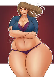 big_breasts big_girl blue_eyes nectardreamz no_pants overweight overweight_female panties red_lipstick thick_thighs wide_hips