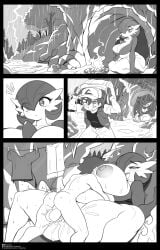 anthro ash_ketchum balls big_breasts black_and_white breasts breeding campfire cave claiming comic_page creampie cum cum_in_pussy cum_in_vagina cum_inside face_between_breasts gardevoir huge_breasts kogeikun making_babies male/female pokemon rain raining raw_sex sex straight straight_sex thick_thighs unprotected_sex