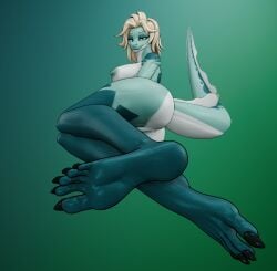 3d_(artwork) 5_toes amphibian anthro black_toe_claws blender_(artwork) blonde_hair breasts butt claws digital_media_(artwork) feet female foot_fetish foot_focus genitals green_eyes hair imnotafurry4321 nipples nude soles solo tail teal_body toe_claws toes vulva