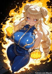 navia_(genshin_impact) genshin_impact plump mature_female miyuai ai_generated ai_assisted thick_thighs thick_ass thick thick_legs thick_hips thick_butt wide_hips wide_thighs voluptuous voluptuous_female curvy curvy_figure curvaceous curvy_female female breasts 1girl rating:safe blonde_hair long_hair double_bun blue_eyes bare_shoulders jewelry looking_at_viewer bracelet dress solo smile sleeveless teeth fire blue_dress earrings covered_navel bangs thighs spiked_bracelet sharp_teeth blush sleeveless_dress bodysuit grin skin_tight eyebrows_visible_through_hair beer drill_hair ribbon