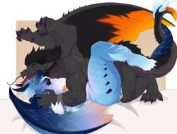 absurd_res anthro breasts capcom dragon female front_view hi_res lying male male/female monster_hunter muscular mythological_creature mythological_scalie mythology on_back scalie simple_background spikes tongue wide_hips wings xeno'jiiva zennith