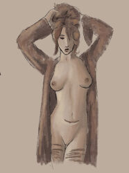 audrey_miller_(daddy_issues_the_show) breasts_out bare_pussy hair_up putting_hair_back scars scars_on_legs scar_on_stomach jacket_open jacket_only sketch