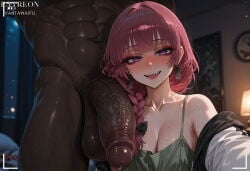 vantawaifu ai_generated hiroi_kikuri bocchi_the_rock! green_dress interracial female male 1boy 1girl penis clothing dark_skin breasts purple_eyes teeth braid cleavage blush hetero smile dark-skinned_male long_hair testicles sharp_teeth looking_at_viewer bangs earrings open_mouth jacket veiny_penis jewelry veins dress large_penis large_breasts precum large_testicles sweat muscular off_shoulder erection huge_penis nude open_jacket solo_focus collarbone indoors recording very_dark_skin clothed_female_nude_male purple_hair bare_shoulders lamp open_clothes abs wall_clock pink_hair muscular_male upper_teeth_only alternate_breast_size black_bow hair_bow looking_at_penis makeup bow clock dark_penis