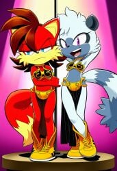 2girls ai_generated arms_behind_head arms_crossed crossover_cosplay fiona_fox lucasfilm mobian_(species) mobian_fox mobian_lemur novelai pole_dancing seductive_pose sega slave_bikini slave_leia_(cosplay) sonic_the_hedgehog_(series) star_wars stripper_pole tangle_the_lemur unamused