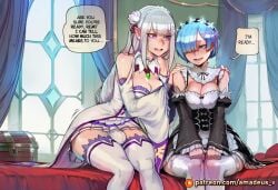 hair_flower cleavage long_hair 2girls pointy_ears window speech_bubble futanari open_mouth balls frills intersex maid dress hair_ribbon hair short_hair large_breasts braid multiple_girls ribbon x_hair_ornament blush penis thighhighs bare_shoulders patreon_username roswaal_mansion_maid_uniform maid_uniform grey_hair hand_on_another's_shoulder medium_breasts clothing breasts purple_ribbon hair_ornament watermark erection bulge white_flower curtains female uniform detached_sleeves bed miniskirt hair_over_one_eye flower dialogue blue_eyes gynomorph smile duo legwear skirt text blunt_bangs sitting indoors white_thighhighs blue_hair english_text white_skirt thigh_highs clothed stockings purple_eyes erection_under_clothes wide_sleeves ai_generated amadeus_v comic rem_(re:zero) emilia_(re:zero) re:zero_kara_hajimeru_isekai_seikatsu 1futa 1girl