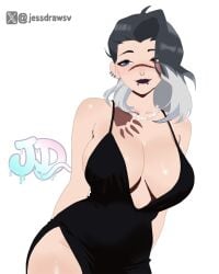valorant fade_(valorant) black_dress heterochromia blue_eye orange_eye goth piercing scar big_breasts big_boobs grey_hair digital_media_(artwork) jessdraws