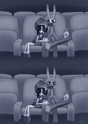 4_fingers absurd_res anthro big_pupils blush container crossed_legs cup dilated_pupils disposable_cup duo ear_blush eyes_closed female fingers flustered food glitch_productions hi_res humanoid jax_(tadc) lagomorph leporid looking_at_another looking_at_partner male mammal motion_lines mouthless movie_theater pomni_(tadc) popcorn pupils rabbit screaming_alice sleeping the_amazing_digital_circus watching_movie