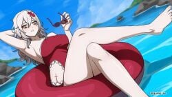 1girls 1girl white_hair white-haired_female brown_eyes brown-eyed_female hand_behind_head arm_behind_head hair_ornament sky blue_sky clouds day daytime daylight outdoor outdoors outside legs_crossed crossed_legs crossed_legs_(sitting) watson_cross swimsuit swimwear bikini one-piece_swimsuit red_swimsuit red_swimwear red_bikini red_one-piece_swimsuit armpits armpit armpit_peek hairless_armpits shaved_armpits armpit_crease presenting_armpit busty busty_female busty_girl large_breasts large_boobs big_breasts big_boobs inframammary_fold nipple_bulge floatie goddess_of_victory:_nikke yulha yulha_(nikke) dayyo_(daydarion/day-chan)