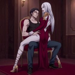 carmilla_(castlevania) castlevania castlevania_(netflix) netflix female blue_eyes sexy_body vaginal_sex sex straddling legs_apart looking_pleasured looking_at_partner ai_generated red_lipstick red_nails red_dress dress side_slit chair sitting_on_person sitting_on_penis white_hair white_body white_skin male slim_waist slim_female riding_penis vampire chair_sex intimate hand_on_ass high_heels full_body