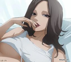 1girl 1girls average_breasts black-eyed_female black-haired_female black_eyes black_hair blank_expression blank_eyes blank_stare bored bored_expression breasts dayyo_(daydarion/day-chan) emotionless inframammary_fold licking_fingers lips lipstick lying lying_down lying_on_back lying_on_bed medium_breasts neutral_expression oc on_back on_bed original original_art original_artwork original_character red_lips red_lipstick selfie tank_top topwear underboob white_tank_top white_topwear
