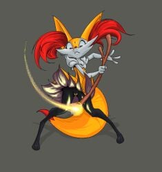 4_fingers action_pose anthro biped black_legs black_paws braixen cheek_tuft colored digital_media_(artwork) digitigrade dipstick_tail elemental_manipulation facial_tuft female female_anthro fingers fire fire_manipulation full-length_portrait generation_6_pokemon genitals inner_ear_fluff inner_labia knock-kneed long_inner_ear_fluff long_inner_labia looking_down markings monotone_background nintendo paws pinderhooks pink_vulva pixel_(artwork) pokemon pokemon_(species) portrait pose pseudo_clothing_lift pseudo_skirt pseudo_skirt_lift red_inner_ear_fluff red_tail_tip shaded simple_background solo standing tail tail_markings tuft vulva white_arms white_chest white_face white_hands white_neck yellow_eyes yellow_tail