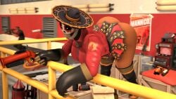 2k 3d ass ass_bigger_than_head ass_up background background_character bent_over big_ass big_breasts big_thighs captain_plague detailed_background dispenser_(team_fortress_2) dot_eyes dotted_eyes fempyro fempyro_(team_fortress_2) flare_gun large_ass large_breasts large_thighs nonsexual_nudity not_ai_generated ominous_offering poster_(object) railing revolver rubber_gloves rubber_suit shotgun skirt skirt_up sniper_(team_fortress_2) sniper_rifle solo_female solo_focus sombrero spy_(team_fortress_2) sugar_skull team_fortress_2 tf2
