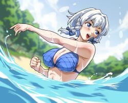 1girl alluring bare_arms bikini bikini_top blue_bikini blue_bow blue_eyes blurry blurry_background bow braid breasts cleavage dancing h.dupp_(nama_aakiruu) izayoi_sakuya large_breasts outdoors partially_submerged posing sakuya_izayoi sand smile splashing stomach swimming swimsuit synchronized_swimming touhou trees twin_braids water wet wet_skin