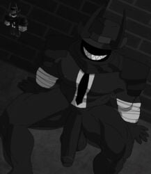 1boy balls bandage bandages big_penis black_clothing black_skin black_sleeves black_suit black_tie bottomless cowboy_hat demon flaccid half-dressed long_sleeves male male_only muscles muscular muscular_male no_eyes pecs penis reference_image roblox roblox_avatar robloxian sharp_teeth simple_background sitting sitting_down sleeves smile solo solo_male suit teeth theleyer tie traced white_shirt