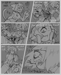 1_eye absurd_res adrewthelolilover anthro comic domestic_cat duo english_text felid feline felis female fight forced gameoverse glitch_productions gore hi_res kit_(gameoverse) kit_bodega malice_(gameoverse) mammal monochrome rape robot_anthro robot_gore ryona sex text torture wire_pulling wireplay