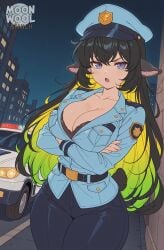 ai_generated ai_assisted breasts uncensored thick_thighs thighs thick_ass curvy curvy_female curvy_body moonwool_branch long_hair very_long_hair messy_hair sheep_girl sheep_ears animal_ears tail multicolored_hair multicolored_eyes slit_pupils colored_inner_hair big_breasts huge_breasts large_breasts original original_character oc black_hair purple_eyes blue_eyes green_hair yellow_hair kurufy_(moonwool) police police_uniform policewoman cleavage bra looking_at_viewer open_mouth crossed_arms solo solo_focus solo_female female female_only female_focus angry angry_face tsundere tight_clothing clothed clothed_female