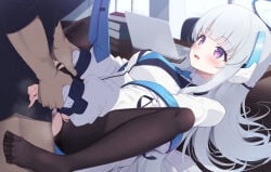 1boy 1girl black_pantyhose blue_archive blue_necktie halo headgear hetero jacket lying m_legs mechanical_halo miso_(misomiso_154) necktie no_shoes noa_(blue_archive) on_back on_table pantyhose purple_eyes sex smile solo_focus spread_legs suit table torn_clothes torn_pantyhose vaginal white_hair white_halo white_jacket white_suit