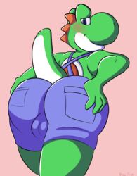 absurd_res anthro ass balls_outline blush bulge butt_grab clothing genital_outline hand_on_butt hi_res looking_at_viewer male male_only mario_(series) mazilion nintendo overalls smile solo tight_clothing video_games yoshi