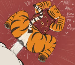 2026 4_fingers 4_toes all_fours anal anal_penetration anal_stretching anthro anthro_on_anthro anthro_penetrated anthro_penetrating anthro_penetrating_anthro bear big_butt big_penis black_claws black_pawpads black_stripes bodily_fluids bottomless butt claws clothed clothing dialogue doggystyle dreamworks duo english_text erection faceless_anthro faceless_character faceless_male feet felid female female_penetrated fingers from_behind_position fur genital_fluids genitals giant_panda heart_symbol hewa hi_res huge_butt kung_fu_panda male male/female male_penetrating male_penetrating_female mammal markings master_po_ping master_tigress moan orange_body orange_fur pantherine pawpads penetration penis precum red_background red_clothing red_topwear red_vest sex simple_background striped_body striped_fur striped_markings striped_tail stripes tail tail_markings text thick_penis thick_thighs tiger toe_claws toes topwear vest white_body white_fur white_penis