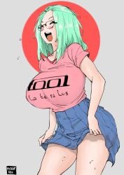 1girl artist_name band_shirt bangs_pinned_back bare_arms blush borrowed_character breasts clothes_lift colorized commentary cowboy_shot curvy english_commentary closed_eyes glasses grey_background greyscale group_name happy highres imut_6969 inne_sulistya_robin large_breasts leaning_forward lifting_own_clothes long_hair merchandise miniskirt monochrome norman_maggot original pleated_skirt shirt simple_background skirt skirt_lift smile solo standing sweat t-shirt third-party_edit tool_(band) white_background