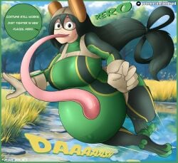 asui_tsuyu belly_overhang boku_no_hero_academia enjoying_pregnancy green_hair green_hair_female green_suit long_tongue my_hero_academia nerdroid pregnant pregnant_belly pregnant_female super_belly talking_to_viewer tsuyu_asui