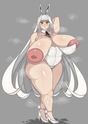 1girls areolae belly big_belly big_breasts blanc_(nikke) blush breasts breasts_bigger_than_head bunny_ears bunny_girl bunnysuit chubby chubby_female female female_only fishnets goddess_of_victory:_nikke grey_background heels hips huge_breasts inverted_nipples long_hair looking_at_viewer mostly_clothed musk nipples pale-skinned_female sagging_breasts sweat sweating sweaty tagme thick_thighs thighs ujnoahgri1919 white_hair