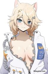 1girl 1girls animal_ear_fluff animal_ears average_breasts blonde blonde-haired_female blonde_female blonde_hair blonde_hair_female blue-eyed_female blue_eyes braid braided_hair braided_pigtails braids breasts breasts_apart closed_mouth_smile coat dayyo_(daydarion/day-chan) female female_only hair_clip hair_clips hair_ornament hair_ornaments hairclip hairclips inframammary_fold jacket kaneko_lumi light_smile medium_breasts open_coat open_jacket phase_connect slight_smile smile smiley_face smiling smiling_at_viewer twin_braids virtual_youtuber vtuber vtuberfanart white_coat white_jacket youtuber youtuber_girl