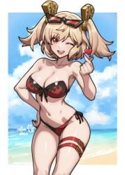 rotomdocs zenless_zone_zero burnice_white absurdres commentary english_commentary gift_art highres 1girl :o ;o artist_name beach belt bikini blonde_hair blue_sky border breasts eyewear_on_head heart large_breasts looking_at_viewer midriff multicolored_bikini navel one_eye_closed outdoors red_eyes short_hair sky smile solo sunglasses swimsuit thigh_belt thigh_strap thighs twintails two-tone_bikini white_border