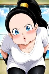 videl dragon_ball_z ai_generated unknown_artist puffy_cheeks mouth_fetish fetish blowing blue_eyes 1girls forced_presentation blowing_air