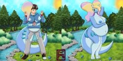 absurd_res anthro aurorus female fossil_pokemon furminko27 gender_transformation generation_6_pokemon goodra hi_res male nintendo pokemon pokemon_(species) pokemorph pregnant sequence standing transformation transformation_sequence