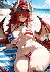zentreya zentreya_(dragon) indie_virtual_youtuber virtual_youtuber miyuai ai_generated ai_assisted thick_thighs thick_ass thick thick_legs thick_hips thick_butt wide_hips wide_thighs voluptuous voluptuous_female curvy curvy_figure curvaceous curvy_female female breasts swimsuit bikini 1girl horns red_hair wings long_hair flag_print beach american_flag_bikini smile looking_at_viewer day navel rating:safe solo tail cleavage thighs huge_breasts sky sitting blue_sky demon_wings eyewear_on_head