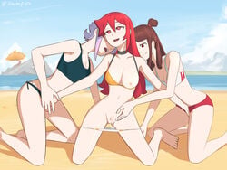 3girls akko_kagari beach croix_meridies fingering little_witch_academia moe_grenadier multiple_girls ocean oksandio shiny_chariot swimsuit threesome vagina yuri