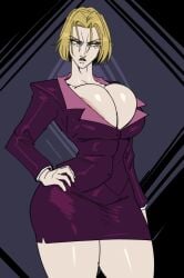 2d_(artwork) areola_slip beautiful_woman big_breasts blonde_female blonde_hair cinkoji hunter_x_hunter no_sex pakunoda pointy_nose purple_clothing tight_skirt