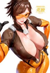 big_breasts blushing bodysuit breast_window breasts brown_eyes brown_hair fully_clothed glasses huge_breasts igiroitsu inner_sideboob looking_at_viewer massive_breasts nipple_bulge nipples nipples_visible_through_clothing overwatch short_hair smiling suit thick thick_ass thick_thighs thighs tracer