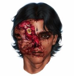 1boy black_hair blood blood_on_face closed_eyes closed_mouth eyeball food guro highres lips longwandb looking_at_viewer male_focus meat portrait short_hair simple_background solo sultan's_game tattoo white_background
