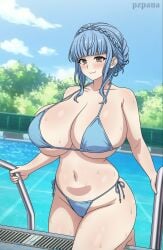 1girls bare_shoulders big_breasts bikini blue_bikini blue_hair breasts cleavage day fire_emblem:_three_houses hair_bun hi_res high_resolution huge_breasts large_breasts light-skinned_female looking_at_viewer marianne_von_edmund navel nintendo outdoors pool pzpana smile solo solo_female swimming_pool water wet