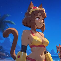 1girl 1girls ai_assisted ai_generated anthro arm_warmers beach beach_background bikini brown_hair cat_ears cat_girl cat_tail catgirl furry furry_female gameoverse gauntlets gloves kit_(gameoverse) milku_ai palm_tree red_eyes short_hair side_view standing tail warmers