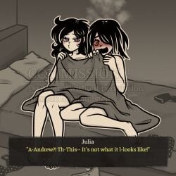 2d 2girls after_lesbian_sex after_sex animated ashley_graves bed bite_mark bite_marks black_hair blush bublstep caught caught_cheating cheating_girlfriend covering covering_self dialogue english_text feet female female/female female_only freckles julia_(the_coffin_of_andy_and_leyley) nude pink_eyes sheets the_coffin_of_andy_and_leyley toes yellow_eyes yuri