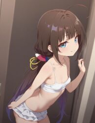ai_generated bare_legs bare_shoulders blue_eyes brown_hair crop_top flat_chest heavenly_body hinatsuru_ai microskirt offering_breasts petite_female seductive_smile sexy sexy_female slim_female slim_waist slutty_body slutty_female small_breasts temptation tempting_viewer