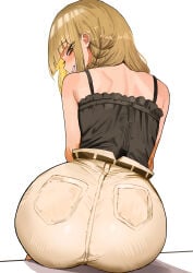 absurdres aged_up alternate_hairstyle ass big_ass black_shirt blonde_hair blush boku_no_hero_academia braid commentary english_commentary from_behind grin highres himiko_toga medium_hair my_hero_academia pants shirt simple_background single_braid sleeveless sleeveless_shirt smile solo toga_himiko white_background yellow_eyes yellow_pants zd_(pixiv6210083)