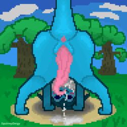 1:1 absurd_res bodily_fluids butt cloud cloudy_sky cum cum_drip cum_puddle digital_media_(artwork) dripping eeveelution feral generation_1_pokemon genital_fluids genitals grass hi_res male nintendo penis pixel_(artwork) plant pokemon pokemon_(species) prehensile_penis rear_view sky solo squirmydergy tree vaporeon