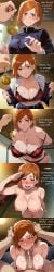 kugisaki_nobara jujutsu_kaisen 5koma comic hypnosis mind_control mind_break pocket_watch ahegao spiral_eyes undressing bra_remove nude large_breasts nipples blowjob oral penis_in_mouth deepthroat saliva drooling orange_hair short_hair brown_eyes sweat blush speech_bubble messy cum_on_face cum_on_tongue domination obedient sex_doll fully_nude detailed_faces highres ai_generated
