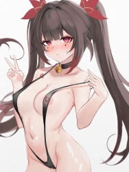1girl absurdres alternate_costume areola_slip armpit_crease bell black_choker black_slingshot_swimsuit blunt_bangs blush breasts brown_hair butterfly-shaped_pupils cameltoe choker closed_mouth commentary_request covered_nipples cowboy_shot embarrassed eyelashes eyeshadow floating_hair frown furrowed_brow groin hair_intakes hands_up highres honkai:_star_rail honkai_(series) jingle_bell long_hair looking_at_viewer makeup medium_breasts navel neck_bell nose_blush paid_reward_available pulling_own_clothes pussy_juice red_eyes red_eyeshadow shiki_samapoke shiny_skin sidelocks slingshot_swimsuit solo sparkle_(honkai:_star_rail) stomach strap_pull sweatdrop swimsuit symbol-shaped_pupils tsurime twintails v very_long_hair