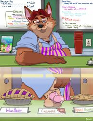 1boy 2021 anthro apron balls belly bodily_fluids bravo canid canine clothing cum dessert detailed_background disney english_text erection eyewear food fox genital_fluids genitals gideon_grey glasses humanoid_hands inside male male_only mammal overweight overweight_anthro overweight_male penis pie precum shirt solo text topwear zootopia