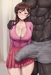 1boy 1girl abs ai_generated arms_behind_back blush boxers breasts brown_eyes brown_hair bulge cleavage closed_mouth collarbone cuckold dark-skinned_male dark_skin erection erection_under_clothes hand_on_another's_shoulder height_difference hetero interracial kanojo_okarishimasu large_breasts large_penis long_hair long_sleeves looking_at_viewer male_underwear miniskirt mizuhara_chizuru muscular muscular_male netorare penis pink_shirt pink_skirt pleated_skirt shirt skirt smile standing thighs underwear zeulzin